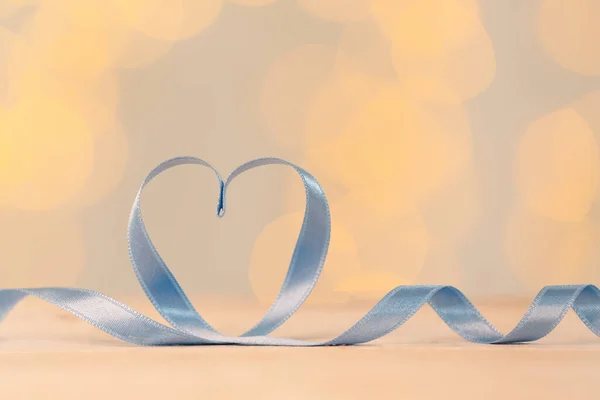 Heart Made Satin Ribbon Table Blurred Lights Valentine Day Celebration — стокове фото