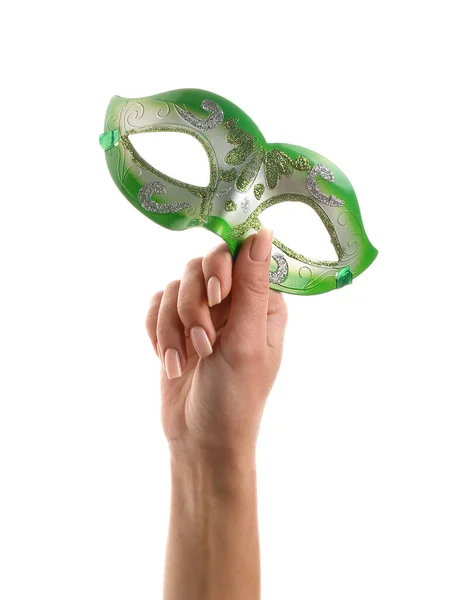 Woman Green Carnival Mask Purim Holiday White Background — Stok fotoğraf