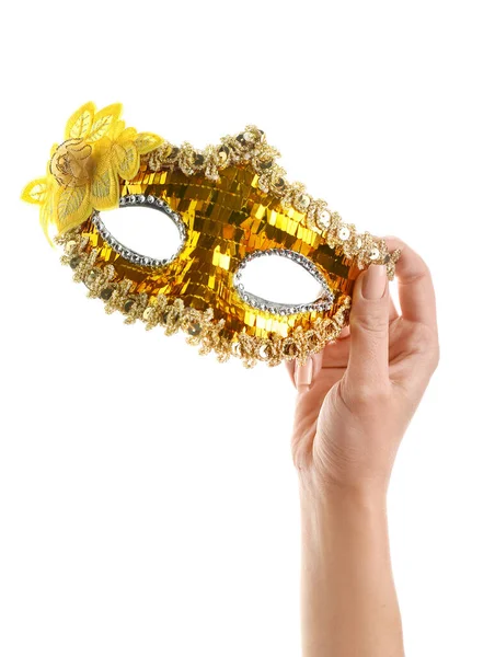 Woman Yellow Carnival Mask Purim Holiday White Background — Stok fotoğraf