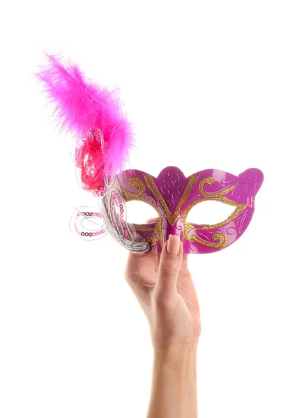 Woman Pink Carnival Mask Purim Holiday White Background — Stok fotoğraf