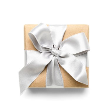 Gift box wrapped in craft paper with silk ribbon on white background