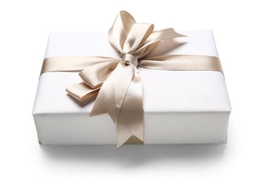 Gift box tied with shiny satin ribbon on white background