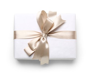 Gift box tied with shiny satin ribbon on white background