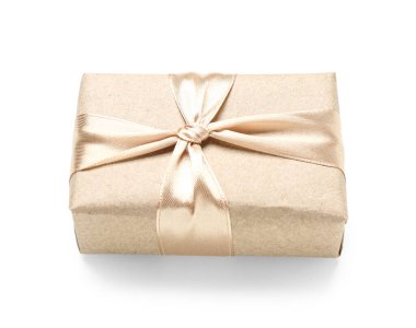 Gift box tied with satin ribbon on white background