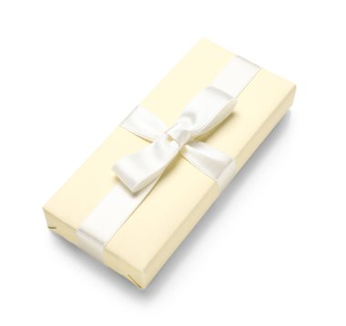 Gift box tied with ribbon on white background. Women's Day celebration