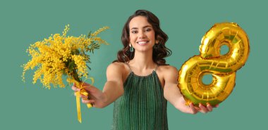 Yeşil arka planda Mimoza çiçekleri ve balon şeklinde 8 şeklindeki gülümseyen genç kadın. Uluslararası Kadınlar Günü