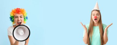 Banner with funny women in disguise for April Fools' Day on light blue background