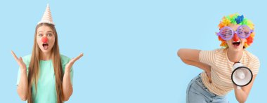 Banner with funny women in disguise for April Fools' Day on light blue background