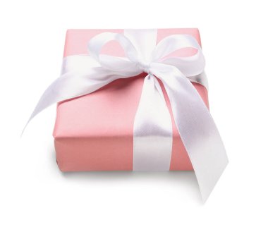 Gift box wrapped in pink paper on white background