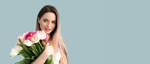 Pretty Young Woman Bouquet Beautiful Tulips Light Blue Background Space — Stock Photo, Image