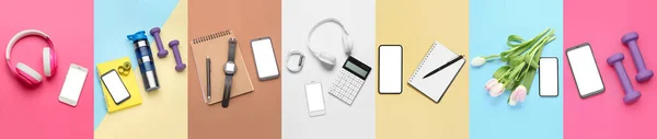 Collage Mobile Phones Different Modern Gadgets Fitness Equipment Stationery Color — Fotografia de Stock
