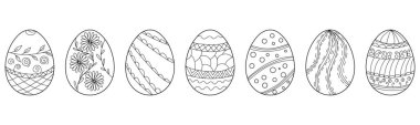 Set of many drawn Easter eggs on white background