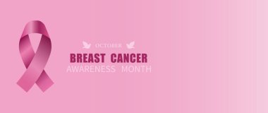 Banner with pink awareness ribbon and text OCTOBER BREAST CANCER AWARENESS MONTH on pink background