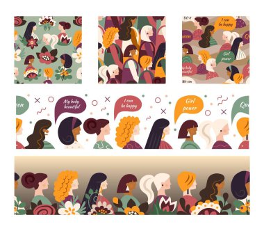 Collage of patterns for design with different women on white background