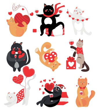 Set of cute cats with wine and hearts on white background. Valentine's Day celebration