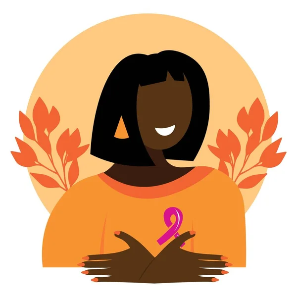 Drawn African American Woman Pink Ribbon White Background Breast Cancer —  Vetores de Stock