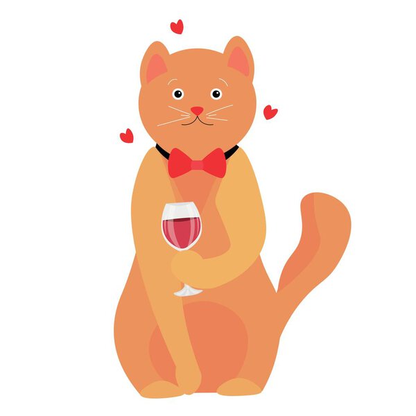 Cute cat with red wine on white background. Valentine's Day celebration