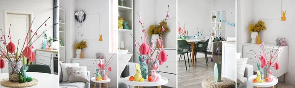 Set of light domestic interiors decorated for Easter celebration