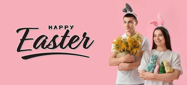 Easter Banner Happy Young Couple Bunny Ears Pink Background — Stock fotografie