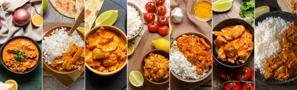 Collage of bowls with Indian chicken tikka masala on table, top view