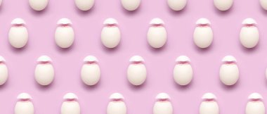 Many cracked eggs on pink background. Pattern for design