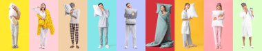 Collage of people with sleep masks, pillows, blankets and alarm clock on color background