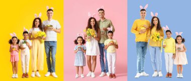 Set of happy families with bunny ears, Easter eggs and cakes on color background