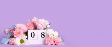 Calendar and beautiful flowers on lilac background with space for text. Women's Day celebration