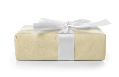 Gift box with bow on white background. International Women's Day celebration