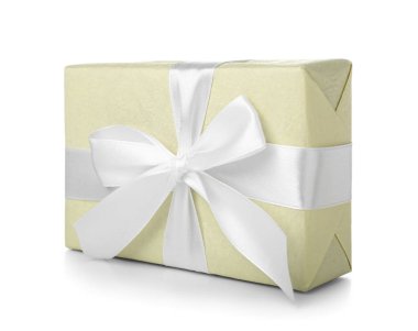 Gift box with bow on white background. International Women's Day celebration