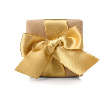 Gift box with yellow bow on white background. International Women's Day celebration