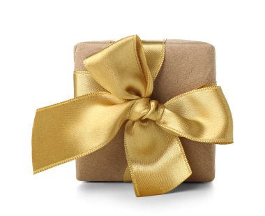 Gift box with yellow bow on white background. International Women's Day celebration