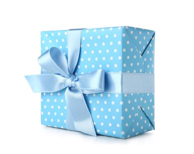 Blue gift box with bow on white background. International Women's Day celebration