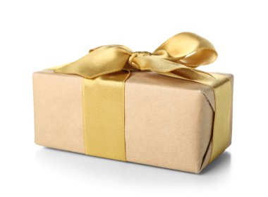 Gift box with yellow bow on white background. International Women's Day celebration