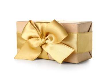 Gift box with yellow bow on white background. International Women's Day celebration