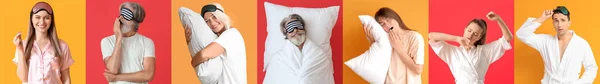 Collage People Sleep Masks Pillows Earplugs Yellow Red Backgrounds — Stockfoto