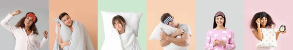 Collage People Pajamas Sleep Masks Pillows Blankets Pills Alarm Clock — Stockfoto