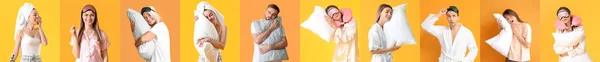 Collage People Sleep Masks Pillows Earplugs Orange Background — Stockfoto