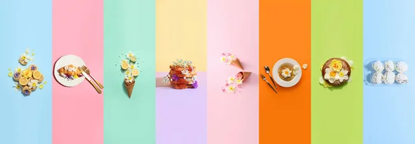 Group Tasty Food Fresh Flowers Color Background — 스톡 사진