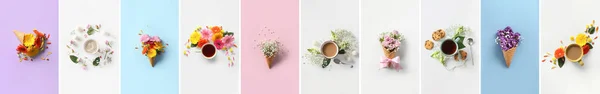 Collage Flat Lay Compositions Cups Drinks Waffle Cones Flowers Color — 스톡 사진