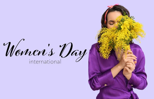 Beautiful young woman with bouquet of mimosa flowers on lilac background. International Women\'s Day