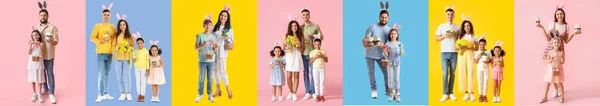 Collage Happy Families Bunny Ears Easter Eggs Cakes Color Background — Photo