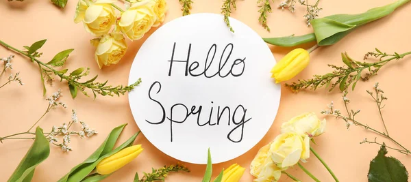 Card Text Hello Spring Beautiful Flowers Color Background — Zdjęcie stockowe