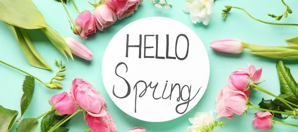 Card Text Hello Spring Beautiful Flowers Turquoise Background — Zdjęcie stockowe