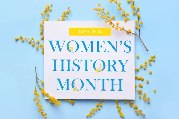 Poster for Women's History Month and beautiful flowers on light blue background