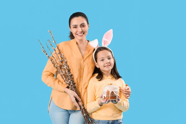 Beautiful Woman Her Little Daughter Easter Cake Willow Branches Blue — Stock fotografie