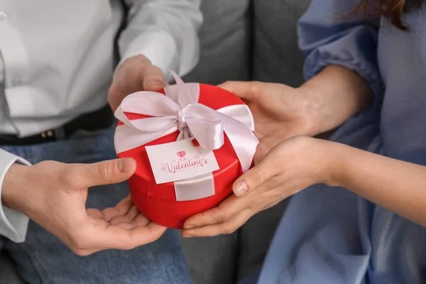 Woman receiving gift from her boyfriend at home. Valentine\'s Day celebration