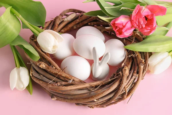 Nest Easter Eggs Bunny Tulip Flower Pink Background — Stock Photo, Image