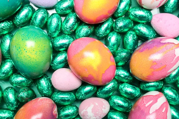 Painted Easter Eggs Candies Background Closeup — Stock Fotó