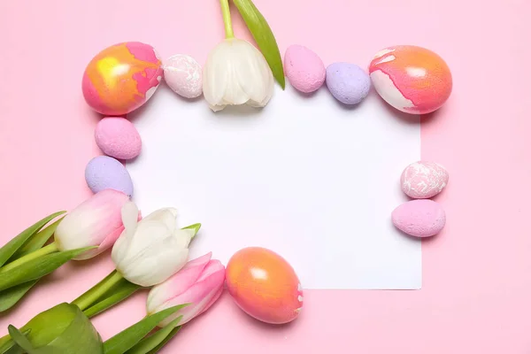 Composition Blank Card Painted Easter Eggs Tulip Flowers Pink Background — Stockfoto